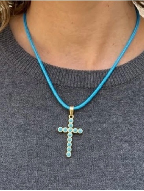 Adina Eden Jewelry - Adina Eden Gold Cross Pendant with Turquoise Stones on 17 To 19” Blue Cord